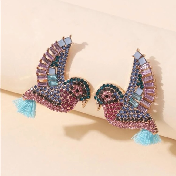 Bird earrings rhinstone stud tassel blue pink jewelry cute animal - Picture 2 of 5
